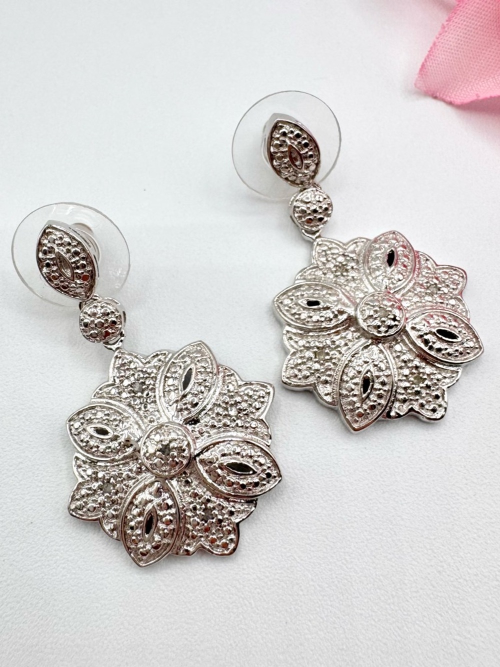 Faux Marcasite Flower Earrings Ornate Fancy Bride Bridal Wedding Season Stunning
